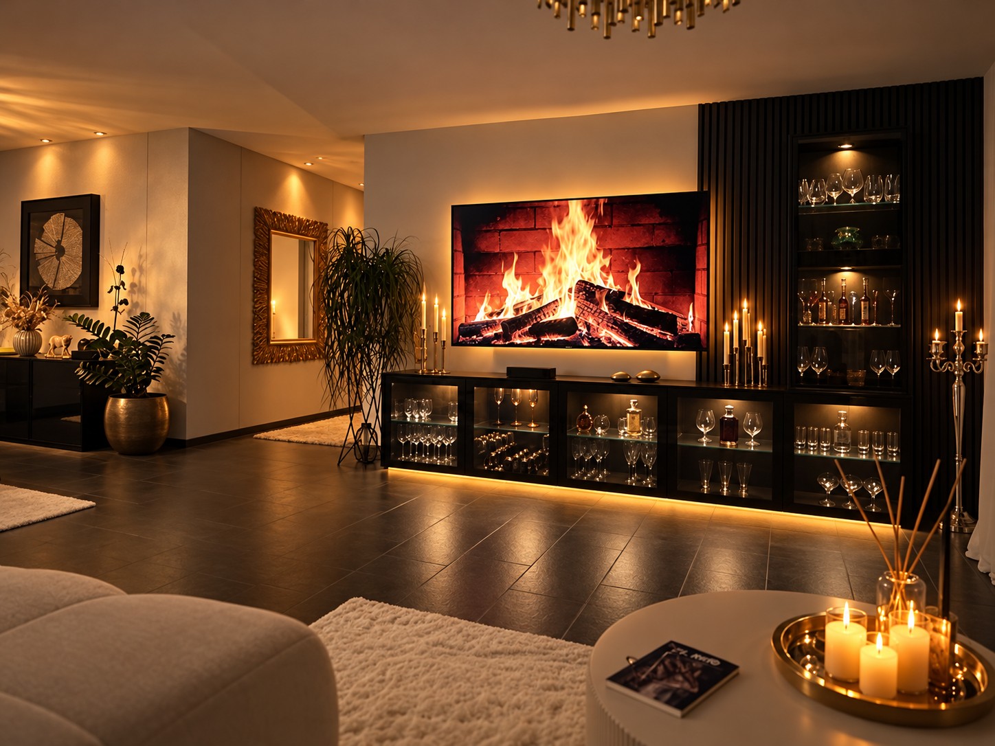 Living room with illuminated wall panelling, display cabinets and a fireplace on the screen