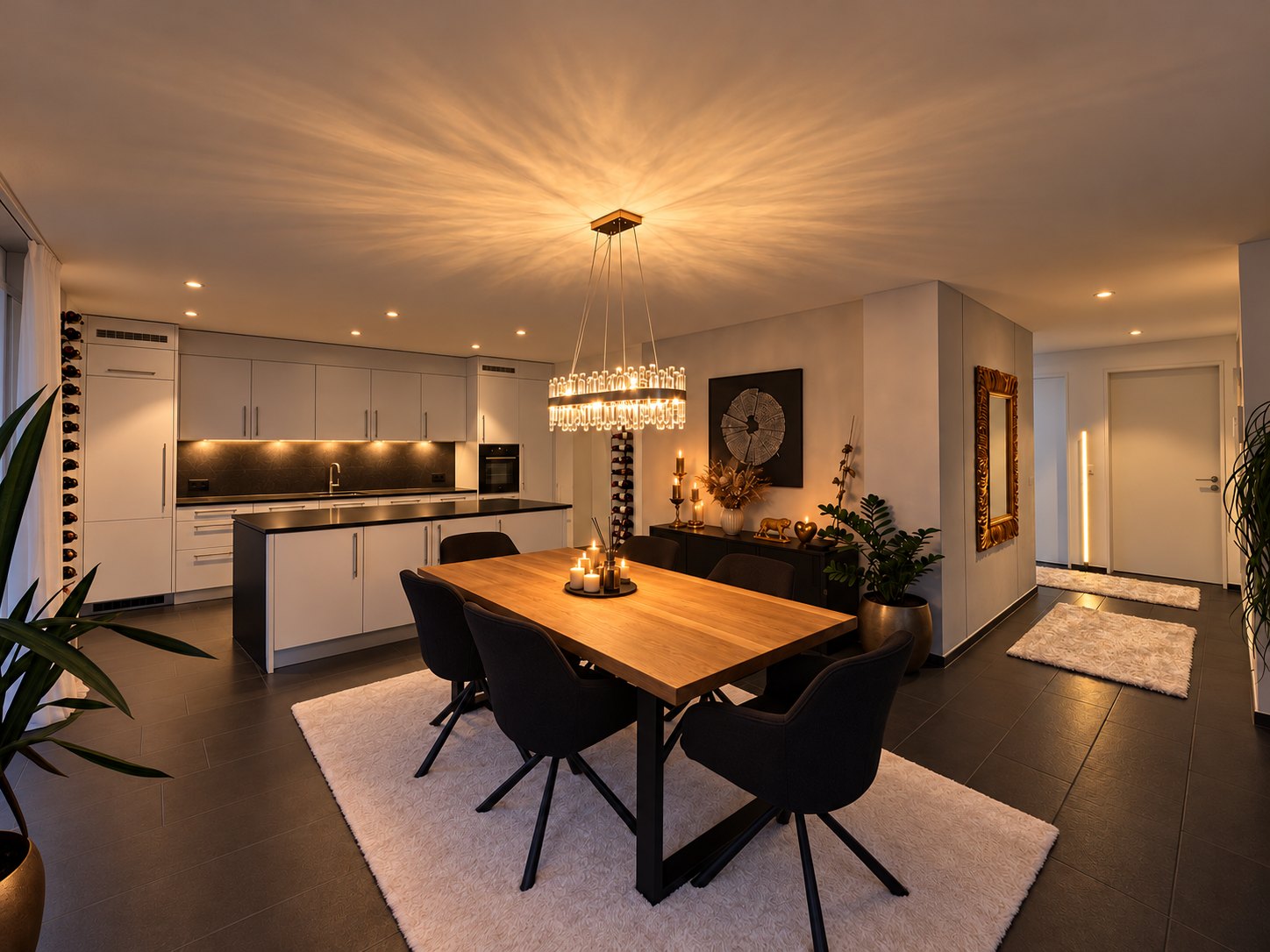 Open living and dining area with wooden table, crystal chandelier and white kitchen in the evening