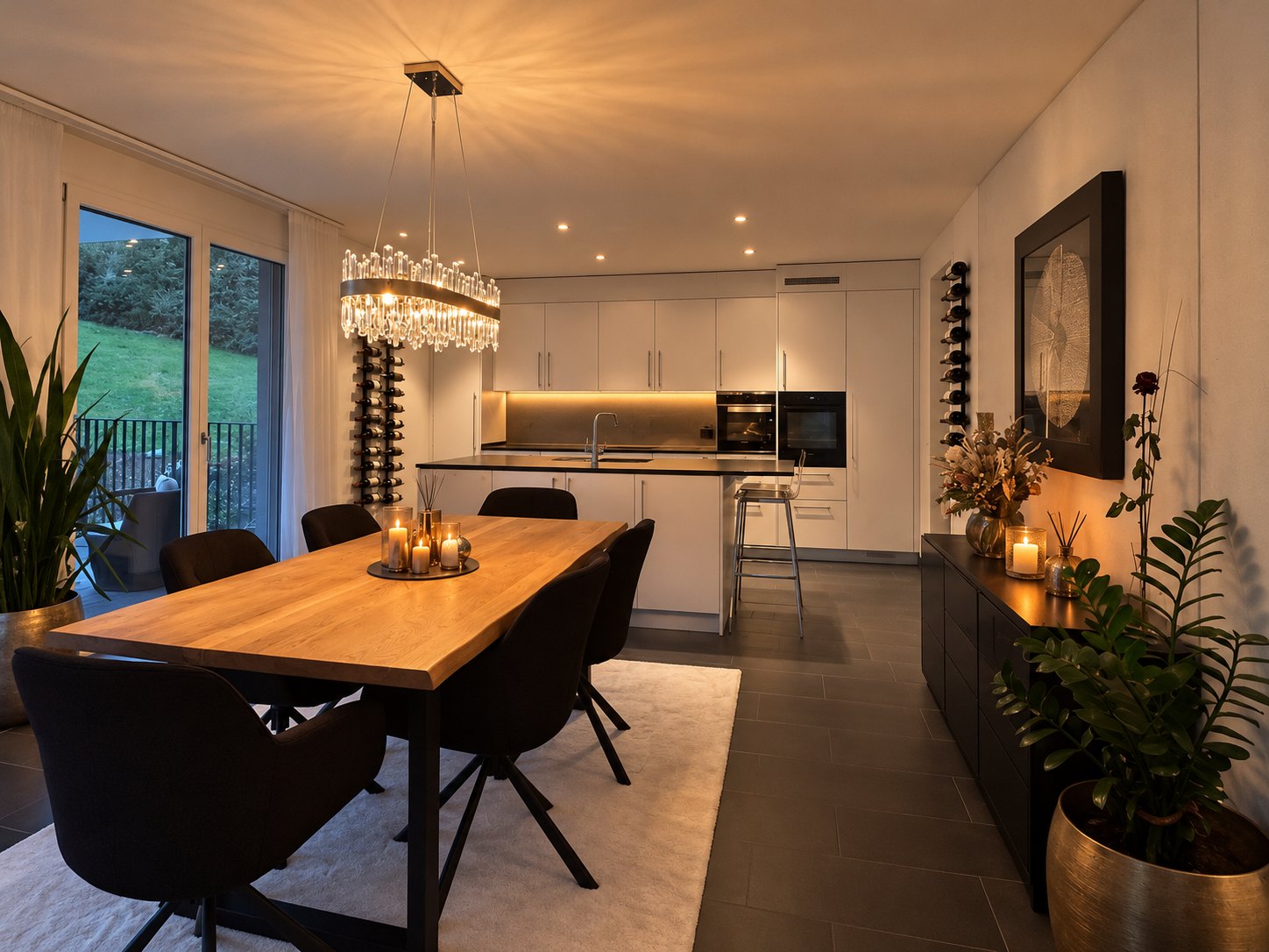 Dining area with oak table, crystal chandelier and view of the kitchen with cooking island and wine rack