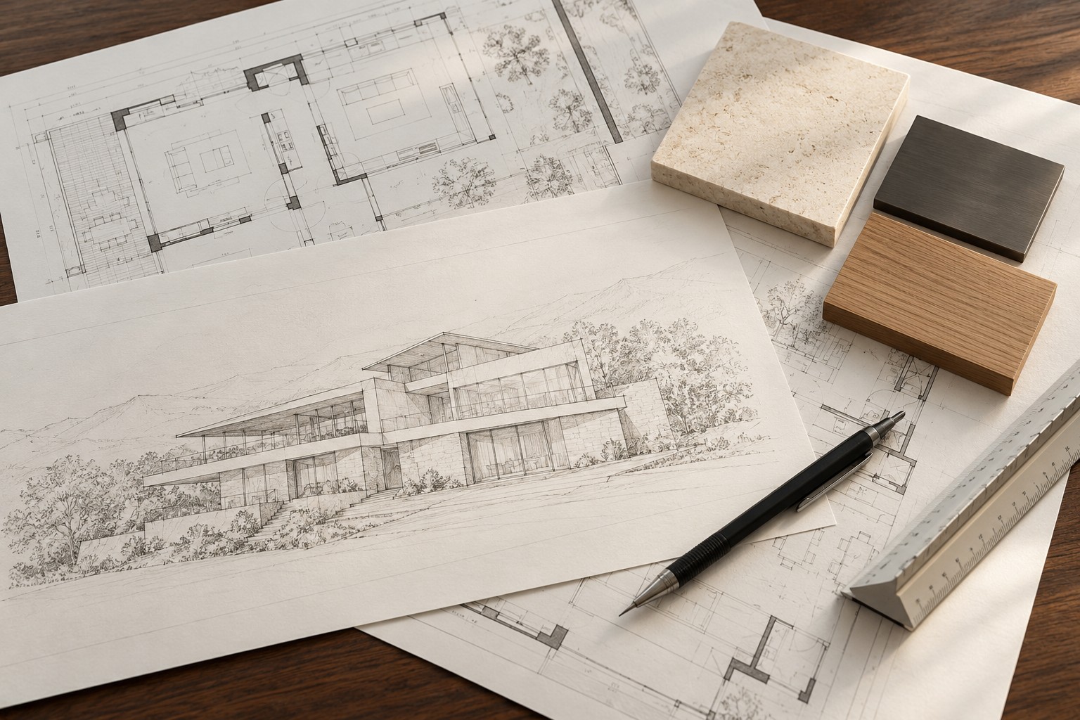Architectural sketch of a villa with plans and material samples