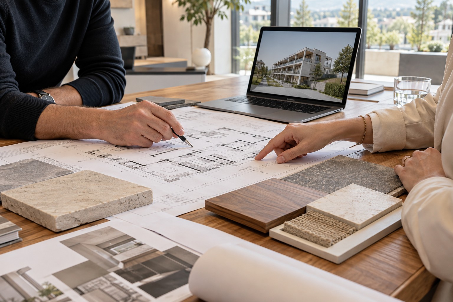 Consultation with plans, material samples and a residential development on the laptop